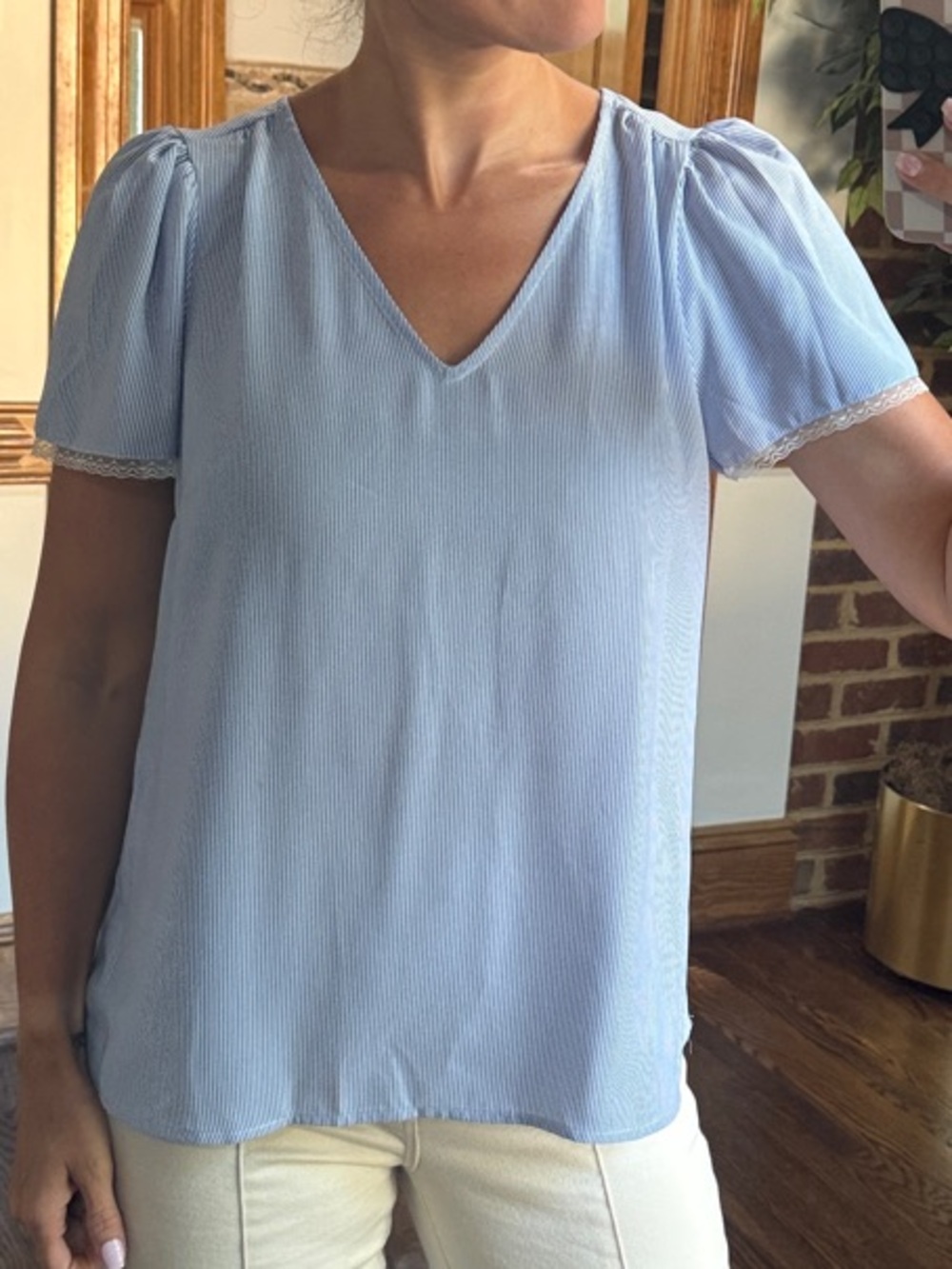 NWT - LC Lauren Conrad Pale Blue V-Neck Short Puff Sleeve Top - Size M